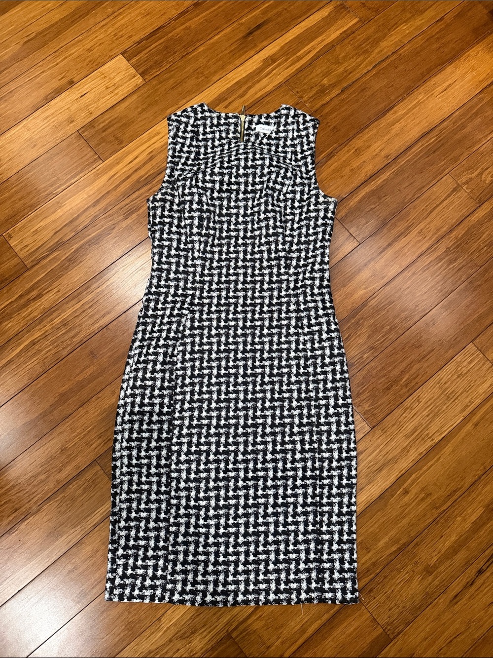 Calvin Klein Black & White Houndstooth Midi Sheath Dress